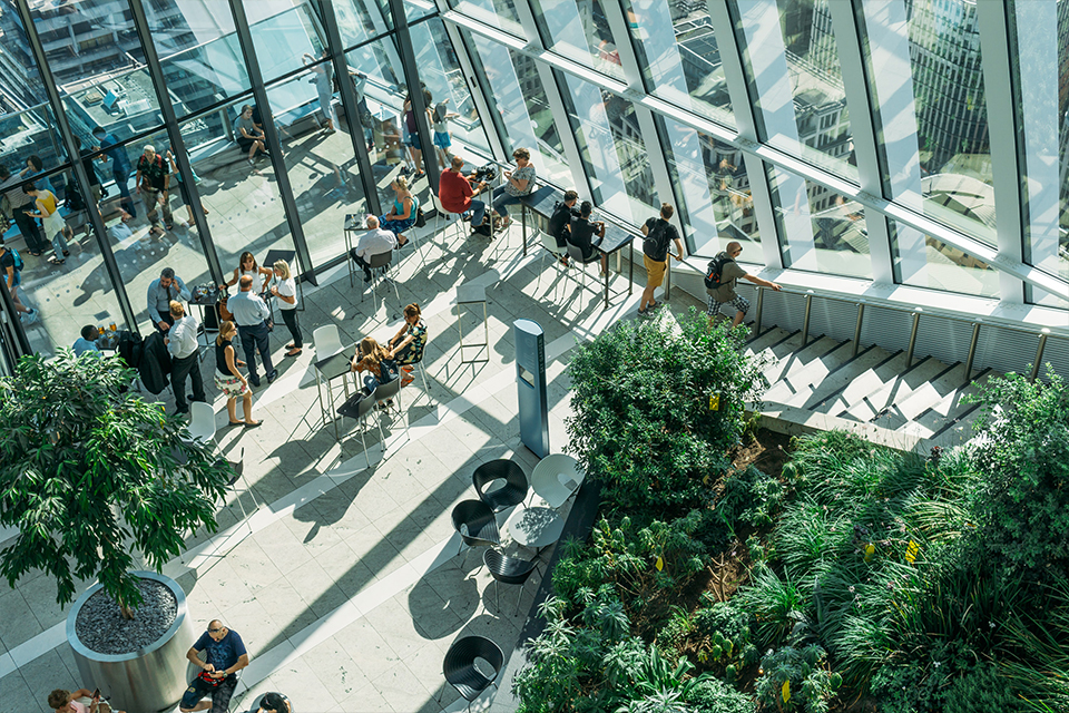 people around greenhouse on top of building